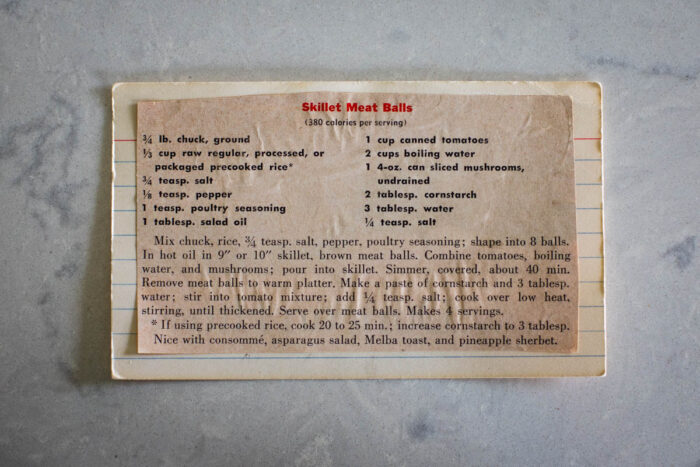 vintage recipe card to make meatballs in the skillet