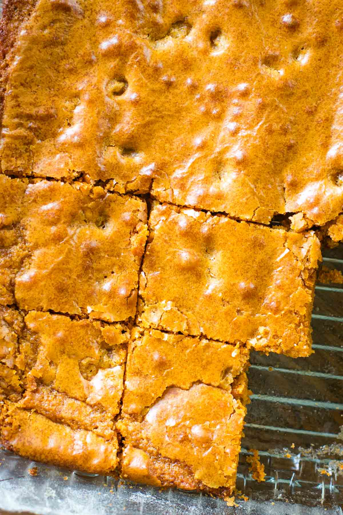 butterscotch brownies cut into squares in baking pan