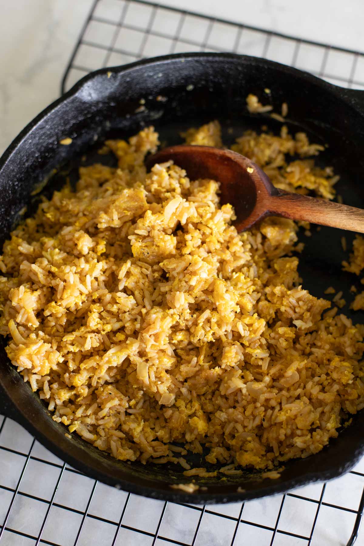 fried rice with egg in saute pan